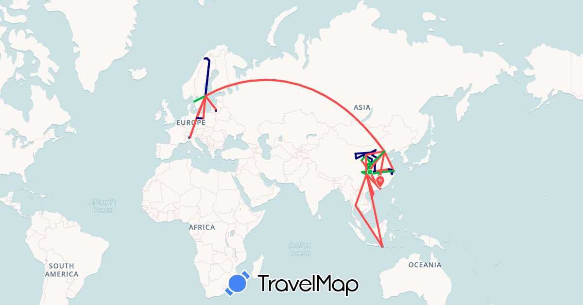TravelMap itinerary: driving, bus, plane, cycling, hiking in China, Germany, Indonesia, Italy, Lithuania, Norway, Poland, Sweden, Thailand (Asia, Europe)